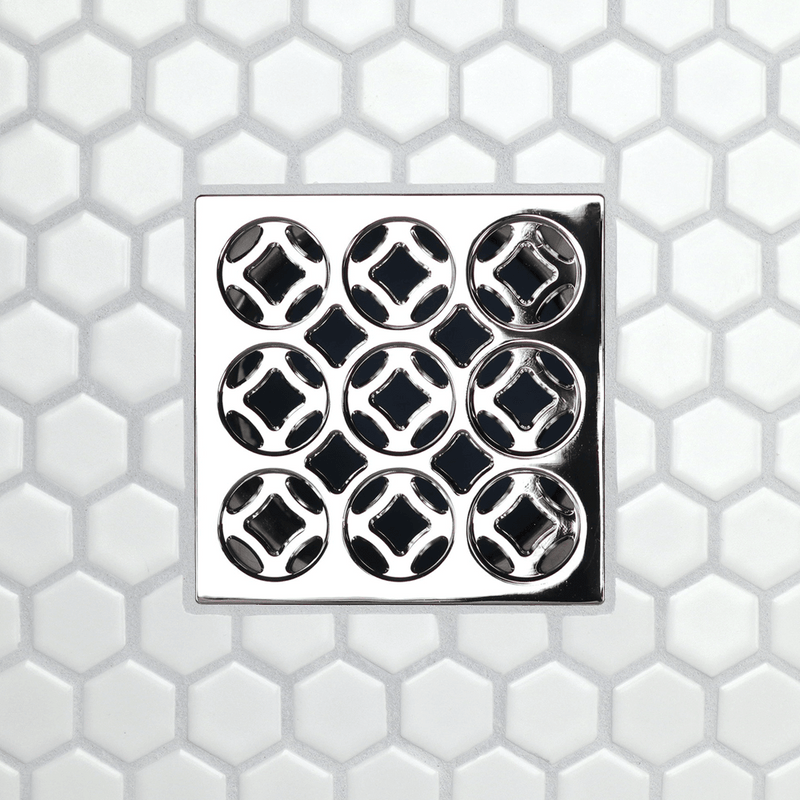 Square drain grate with 3x3 circular openings, polished chrome frame