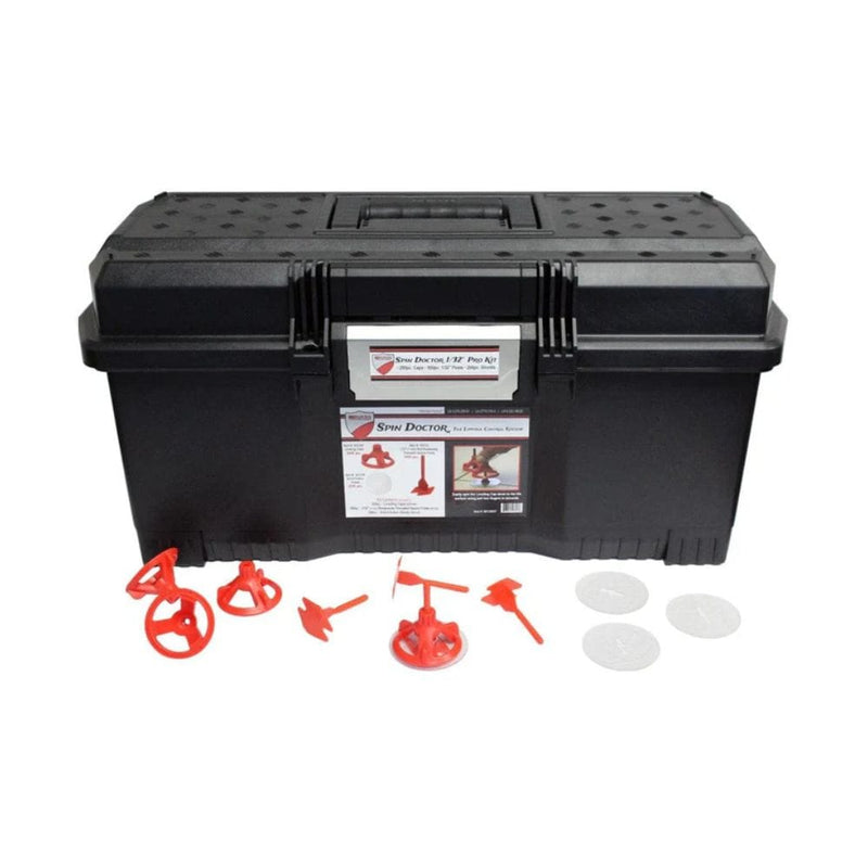Spin Doctor Pro Kit (RTC) case with red leveling caps, 1/32" posts, and tile protector discs.