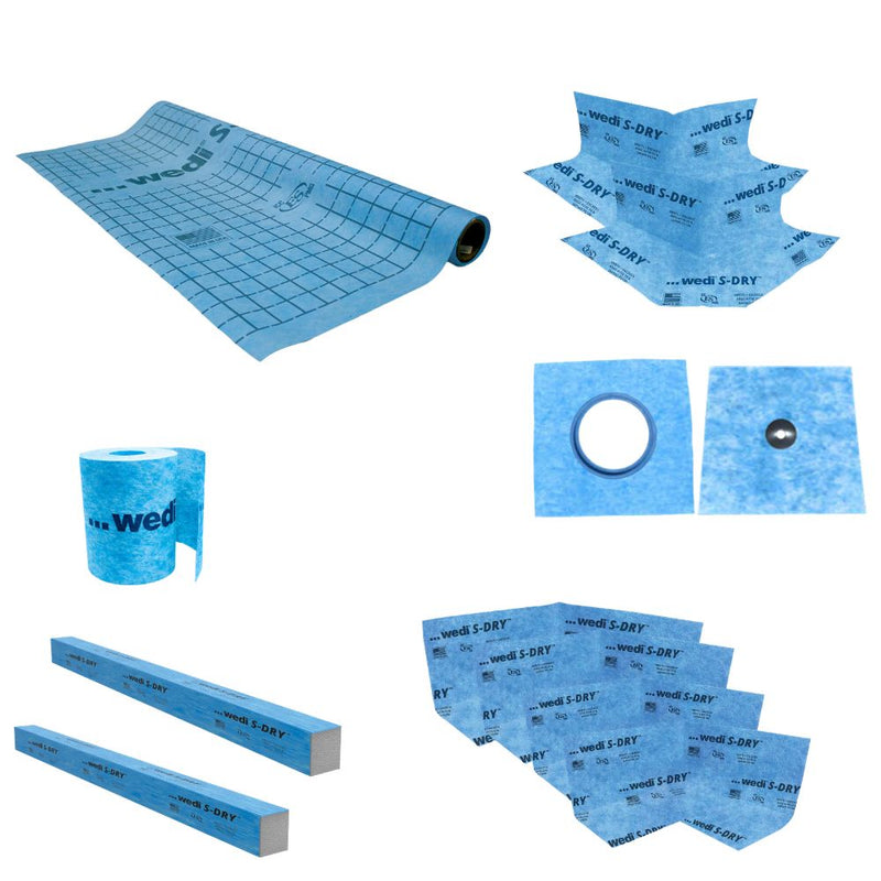 S-Dry shower kit components: blue tray mat, membrane pieces, rolls and drain parts
