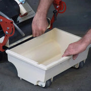 Close-up of the Berta sponge grout cleaning machine water basin access for quick water change.