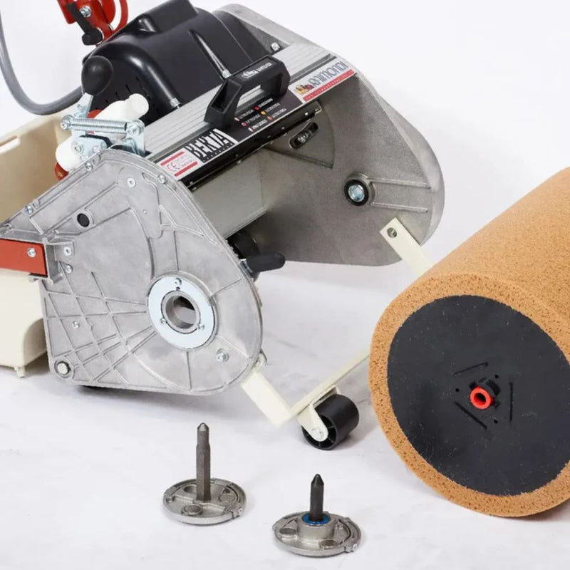 Close-up of the Berta sponge grout cleaning machine with the roller removed