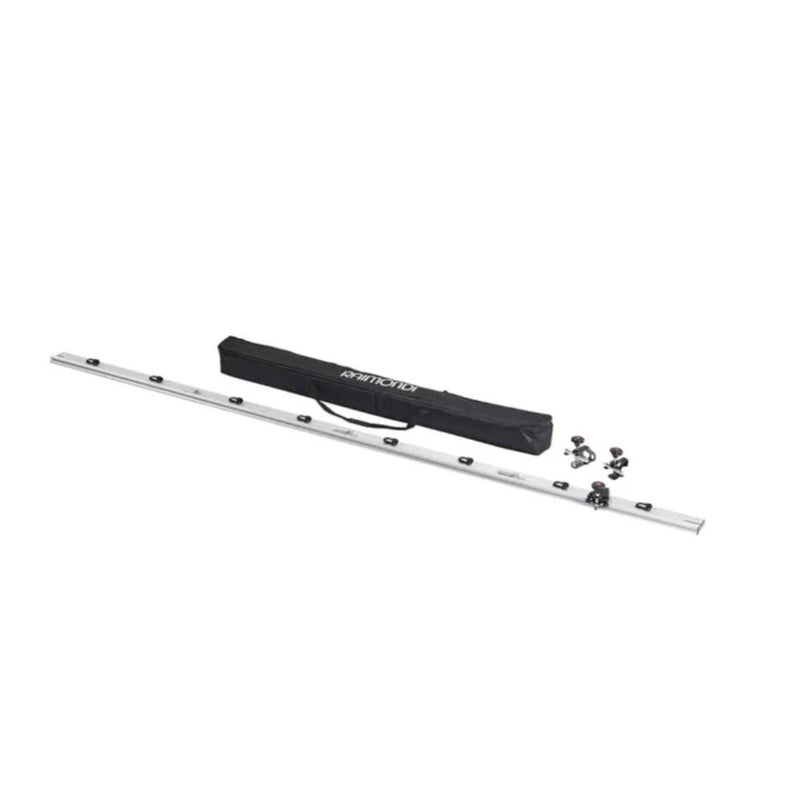 Modular cutting system with four silver rails and clamp fittings in black case
