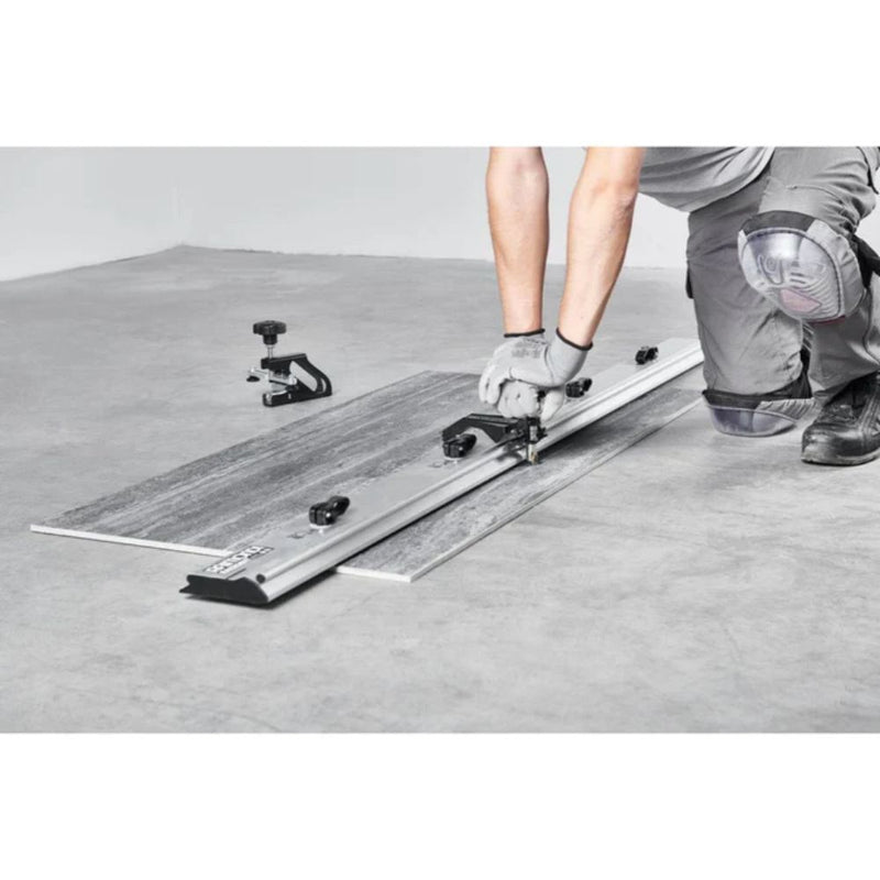 Cutting rail guide with mounted tile cutter on modular rails