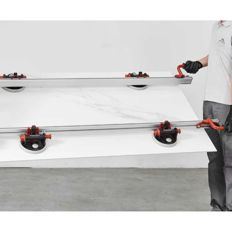 Large-format tile transport system with multiple suction cups and red grips