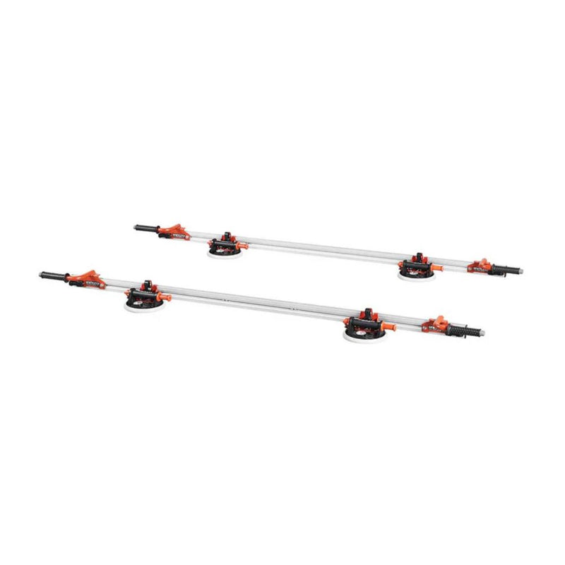 Large-format tile slab transport device with rail and orange suction cups
