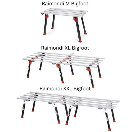 Bigfoot work bench set (M, XL, XXL) with silver rails and adjustable red legs