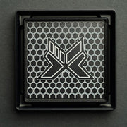 3D hex grille insert with X motif, black frame and chrome accents