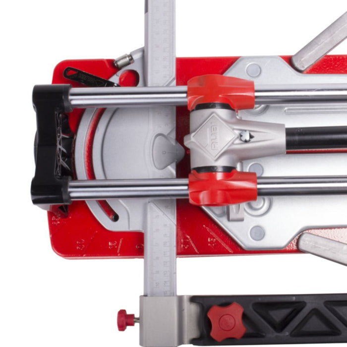 Close up of the heavy duty rail support on the Rubi TR Magent tile cutter