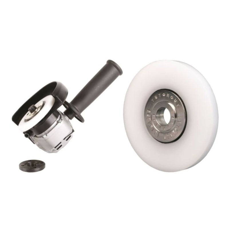 The Montolit 3-3/8" Tutorcut Universal Cutting Guide attached to an angle grinder