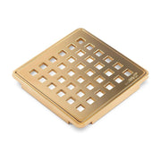 Gold wedi square drain cover with grid pattern on a white background