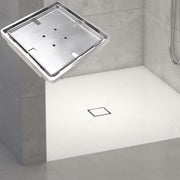 Tileable Square shower drain in a tiled bathroom setting