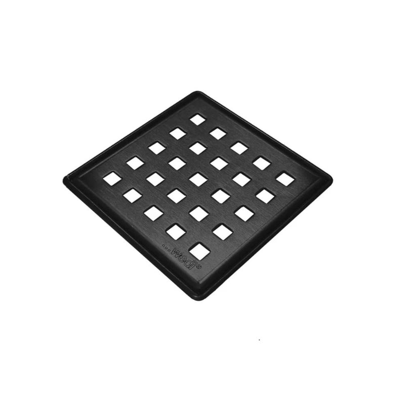 Matte black drain cover with grid of square openings on square plate