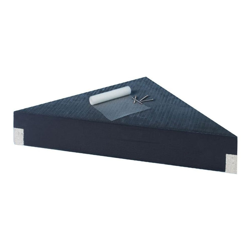Ready-to-tile wedi corner shower bench with fiberglass tape and screws against a white background