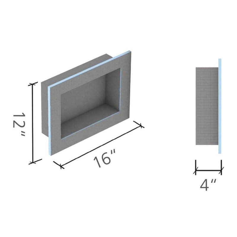 Dimensions of a 12x16 rectangular wedi niche on a white background