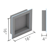 Dimensions of a 16x16 rectangular wedi niche on a white background