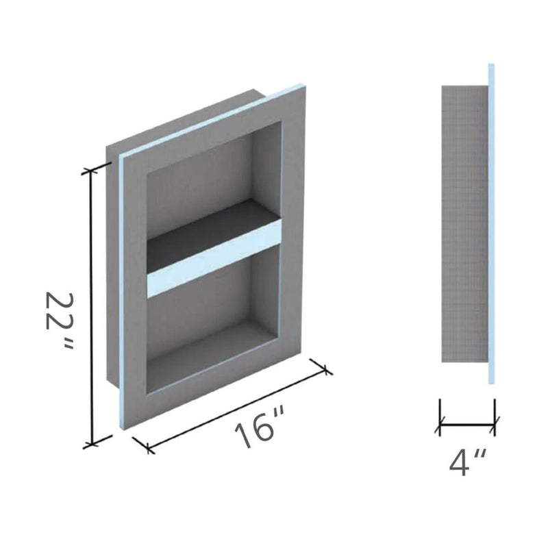 Dimensions of a 22x16 rectangular wedi niche on a white background