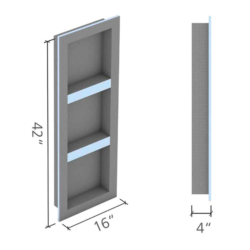 Dimensions of a 42x16 rectangular wedi niche on a white background