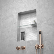 wedi niche glass shelf installed inside tiled shower wall
