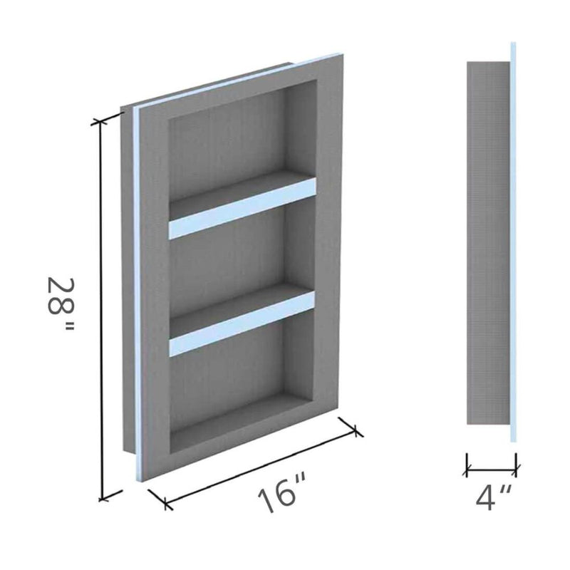 Dimensions of a 28x16 rectangular wedi niche on a white background