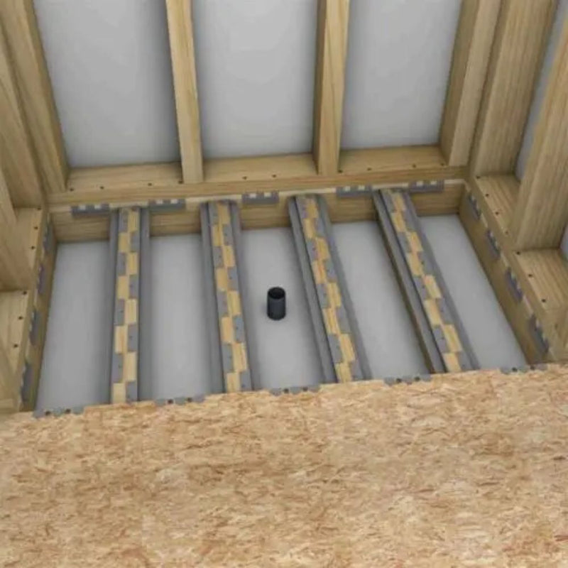 Overhead view of bracket system supporting recessed plywood