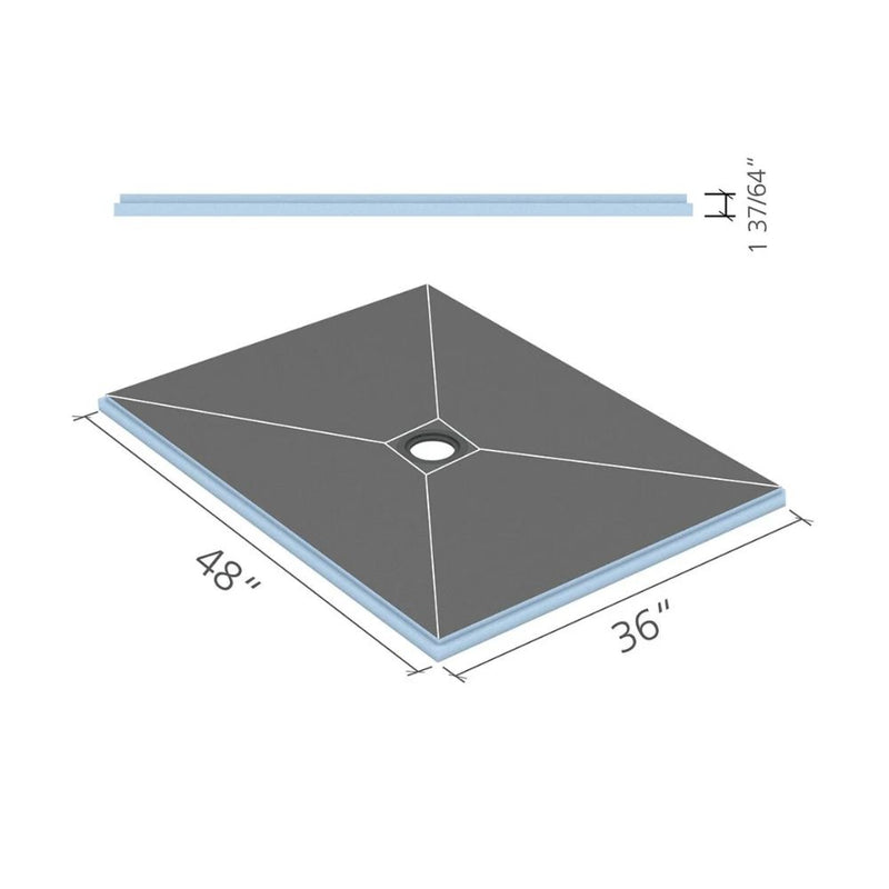 Shower tray with central drain, 48 x 36 inches, dark grey surface