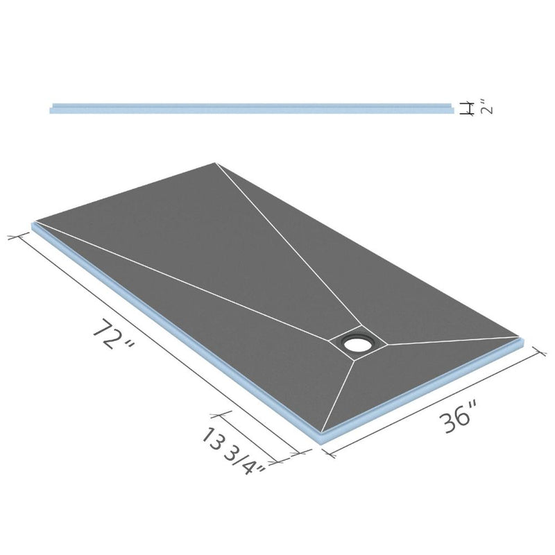 wedi 36" x 72" fundo  shower base schematic providing the length, width, height, and drain placement measurements.  