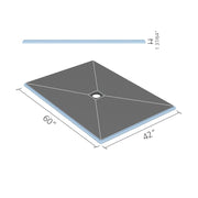 Shower tray with central drain, 42 x 60 inches, dark grey surface with dimensions labeled