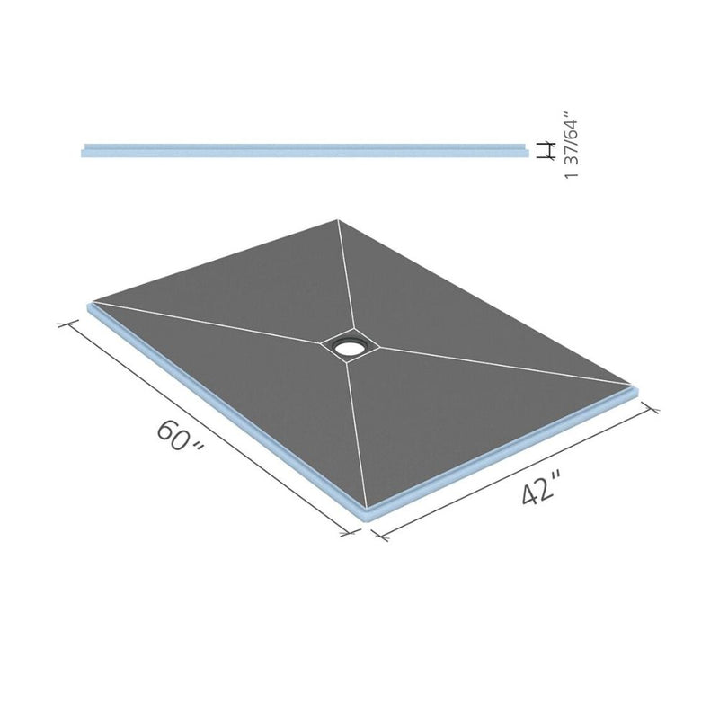 Shower tray with central drain, 42 x 60 inches, dark grey surface with dimensions labeled