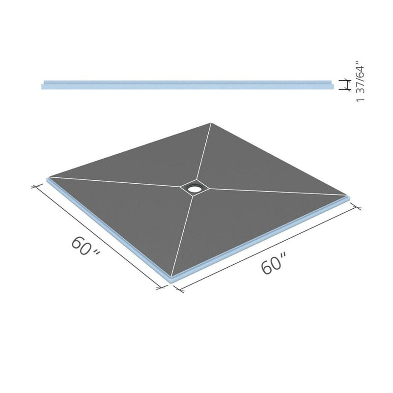 Shower tray with central drain, 60 x 60 inches, dark grey surface