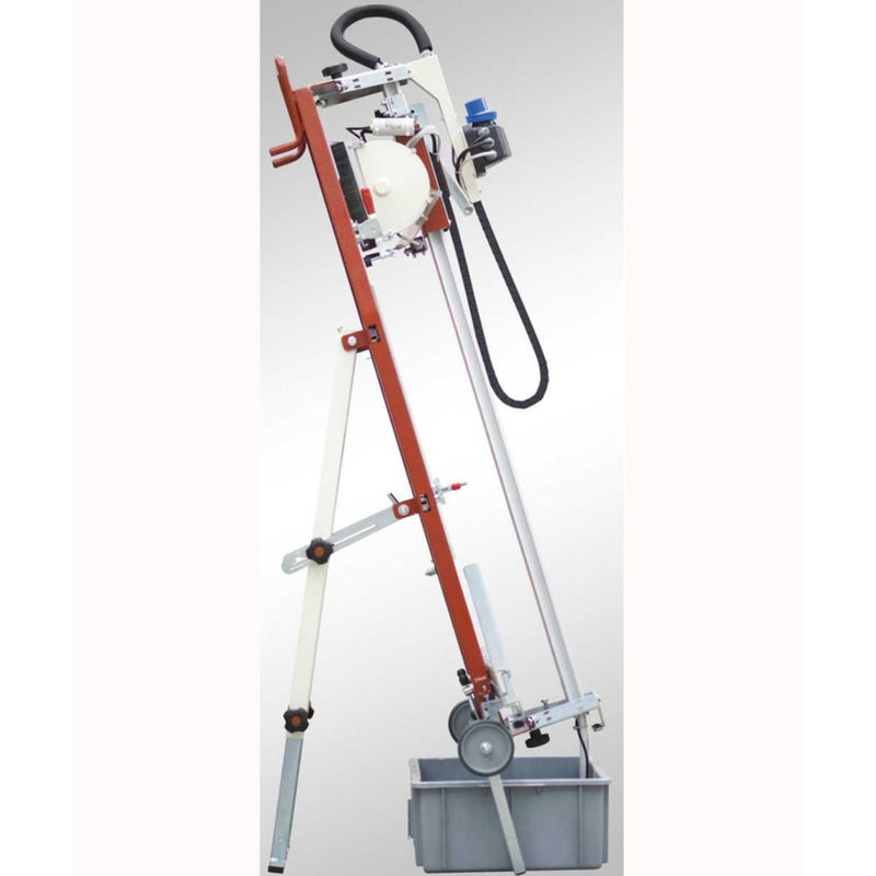 Side profile of Raimondi LEM 105 wet tile saw showing water tank and wheels