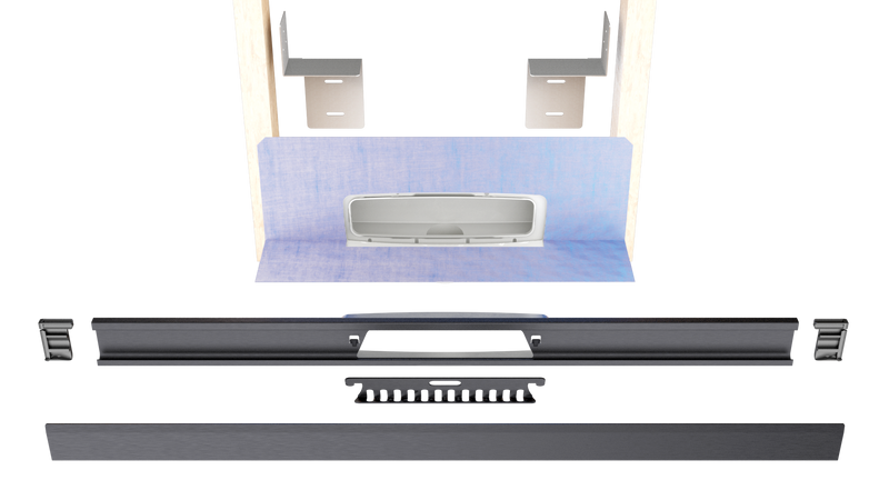 Exploded diagram of Gruen WallLine linear wall drain in matte black finish with all customizable parts displayed