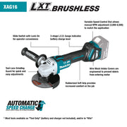 Makita XAG16Z Features shown in a sell sheet - battery and charger not included