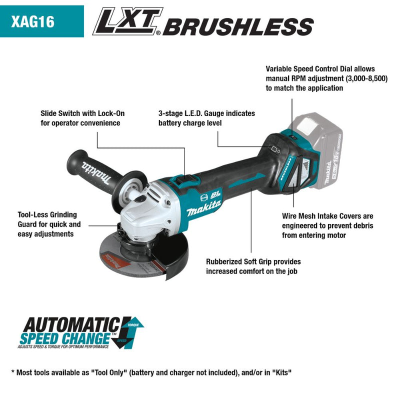 Makita XAG16Z Features shown in a sell sheet - battery and charger not included