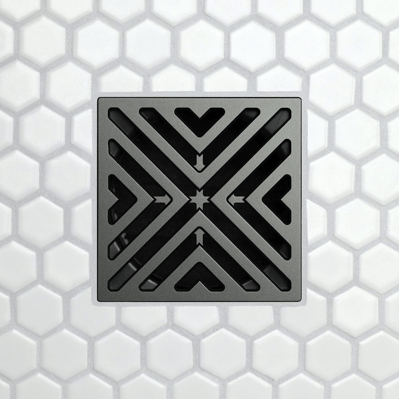 Drain grate with bold X-shaped arrow openings, black finish.