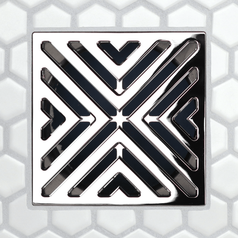 X-pattern drain grate, dark inset with chrome V-shaped grooves (FloFX)