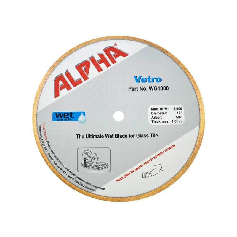 Alpha Vetro Wet Glass Tile Blade, designed for high-speed wet cutting of glass materials, offers precision and durability. Its smooth continuous diamond rim and optimal bond hardness minimize chipping