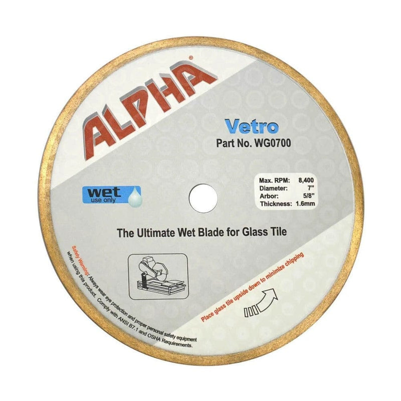 Alpha Vetro Wet Glass Tile Blade, designed for high-speed wet cutting of glass materials, offers precision and durability. Its smooth continuous diamond rim and optimal bond hardness minimize chipping, making it perfect for glass contractors and home remodelers.