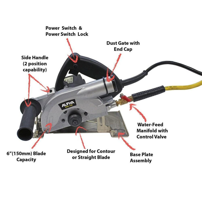The Alpha® ESC-150 electric wet/dry stone cutter is a powerful machine for cutting through granite, marble, limestone, concrete, and sintered/porcelain slabs. Its efficient motor makes it capable of one-pass cutting of 1-1/4” (3cm) slabs, and it also features a kink-free water hose to improve maneuverability and reduce operator fatigue. Its built-in dust gate makes it dustless when connected to a HEPA vacuum, and it comes with a one-year tool warranty