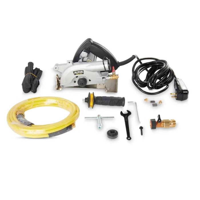 The Alpha® ESC-150 electric wet/dry stone cutter is a powerful machine for cutting through granite, marble, limestone, concrete, and sintered/porcelain slabs. Its efficient motor makes it capable of one-pass cutting of 1-1/4” (3cm) slabs, and it also features a kink-free water hose to improve maneuverability and reduce operator fatigue. Its built-in dust gate makes it dustless when connected to a HEPA vacuum, and it comes with a one-year tool warranty