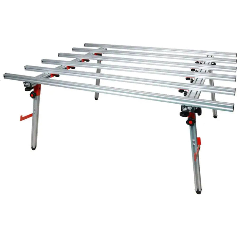 Large format work bench with adjustable metal guide rails and red leveling feet
