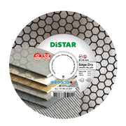 A diamond blade with a honeycomb layer pattern, labeled 'DiSTAR', designed for cutting ceramic tiles at a 45-degree angle, with specifications mentioned as 125 mm diameter and 22.2 mm bore diameter.