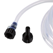 Clear plastic hose with black connectors on a white background