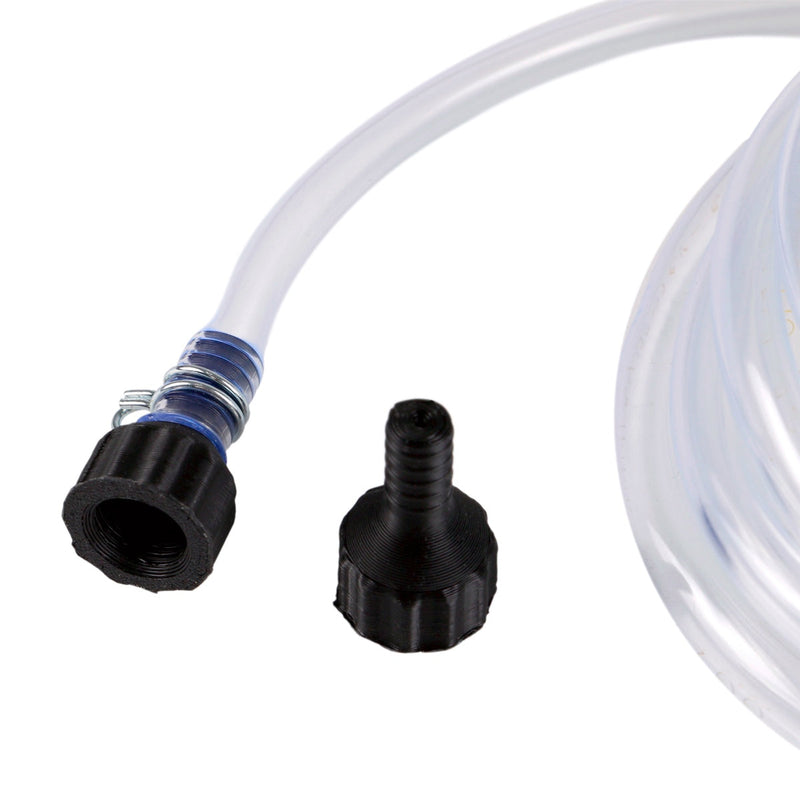 Clear plastic hose with black connectors on a white background