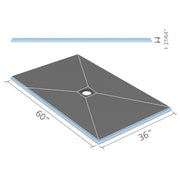 Rendering of Wedi Fundo 36x60 inch center drain shower base with labeled dimensions and sloped surface.