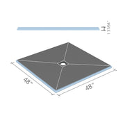 Wedi Fundo 48x48 inch square shower base rendering showing center drain and base thickness.