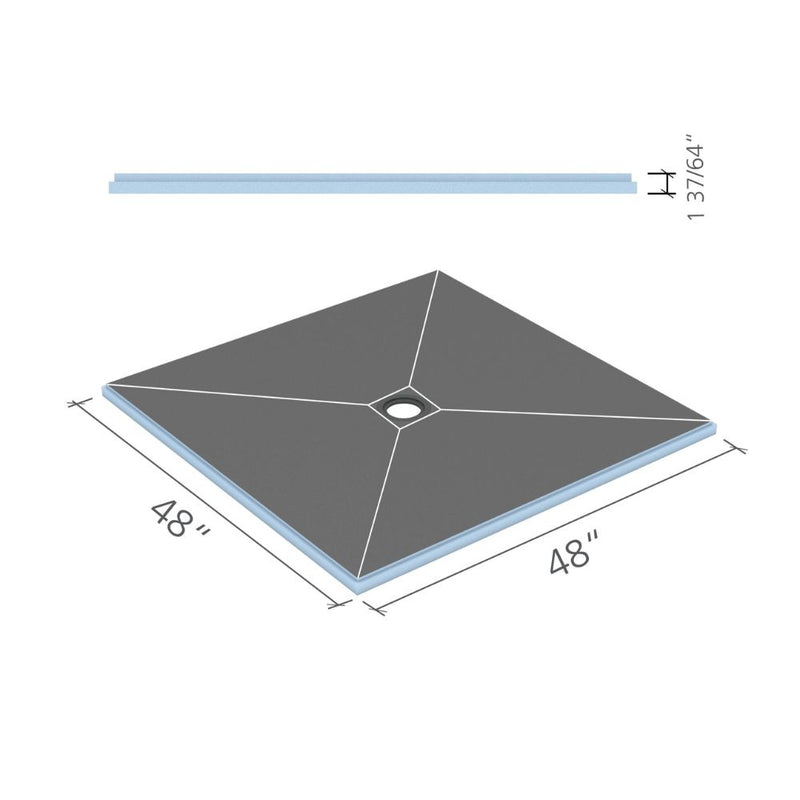 Wedi Fundo 48x48 inch square shower base rendering showing center drain and base thickness.
