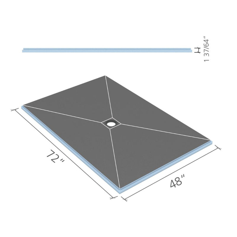 Wedi Fundo 48x72 inch shower pan rendering with labeled width, length, and slope to center drain.