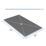 Digital rendering of Wedi Fundo 48x84 inch center drain shower base showing drain location and height.