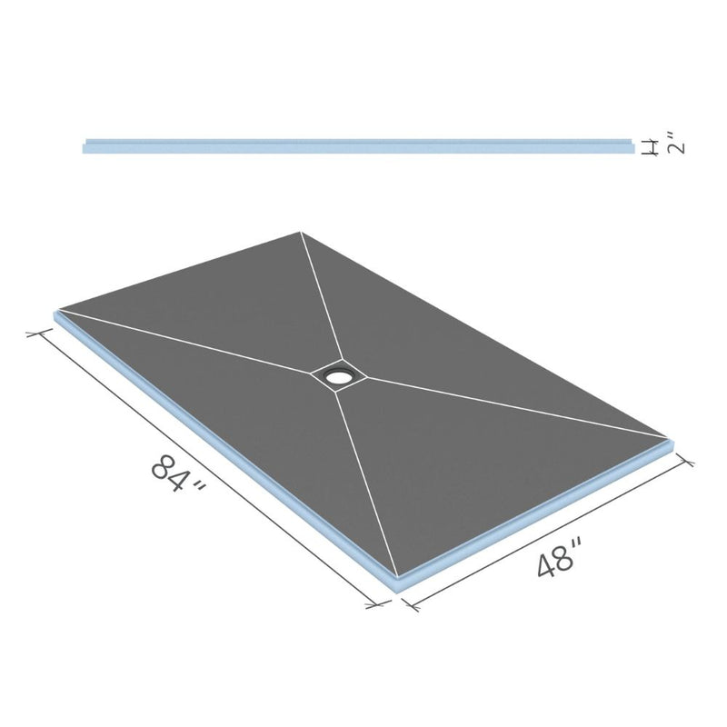 Digital rendering of Wedi Fundo 48x84 inch center drain shower base showing drain location and height.