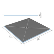Rendering of 72x72 inch Wedi Fundo center drain shower base with sloped top surface and 1-37/64 inch height dimension.